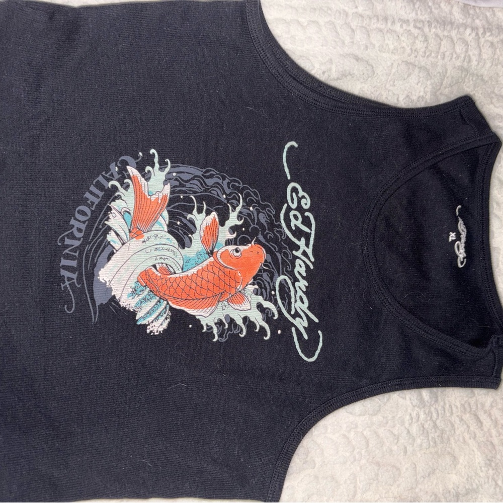 y2k Ed Hardy Black Tank with Orange Koi Design